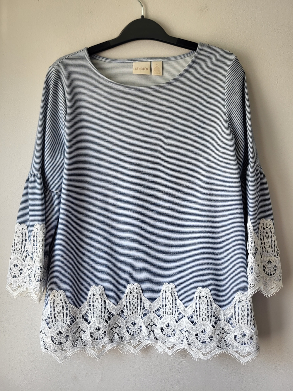 Chico's Navy & White Nautical Crochet Striped Long-Sleeve Top with Lace Hem